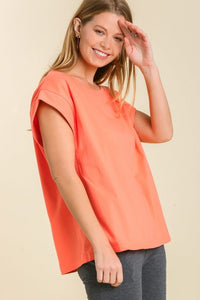 Umgee Oversize Crew Neck Knit Top with Baby Ribbed Contrast Shoulder in Cantaloupe Top Umgee   