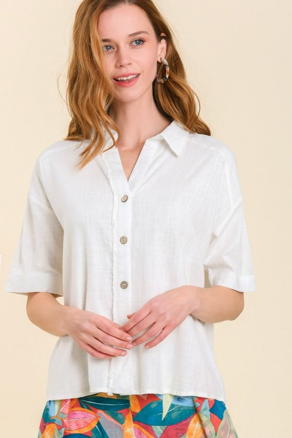 Umgee Linen Blend Top with Button and Frayed Details in Off White FINAL SALE  Umgee   