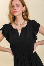 Load image into Gallery viewer, Umgee Flutter Sleeve Midi Dress with Smocked Waist in Black Dress Umgee   
