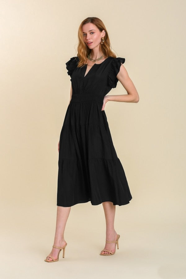 Umgee Flutter Sleeve Midi Dress with Smocked Waist in Black Dress Umgee   