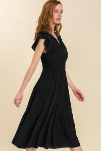 Umgee Flutter Sleeve Midi Dress with Smocked Waist in Black Dress Umgee   