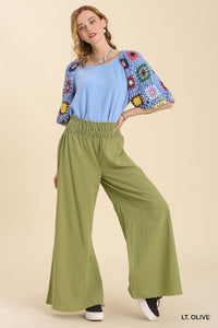 Umgee Linen Blend Wide Pants with Smocked Waistband in Light Olive Pants Umgee   