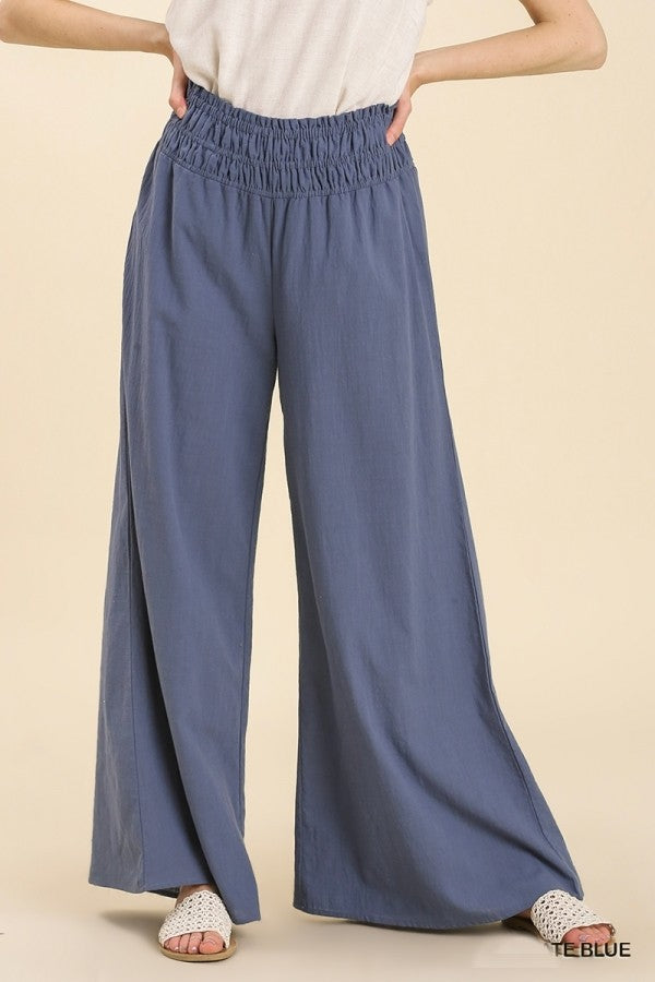 Umgee Linen Blend Wide Pants with Smocked Waistband in Slate Blue Pants Umgee   