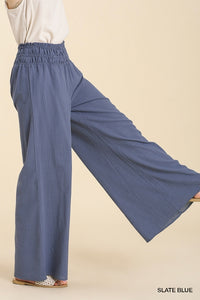 Umgee Linen Blend Wide Pants with Smocked Waistband in Slate Blue Pants Umgee   