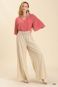 Umgee Linen Blend Wide Pants with Smocked Waistband in Tan Pants Umgee   