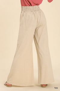 Umgee Linen Blend Wide Pants with Smocked Waistband in Tan Pants Umgee   
