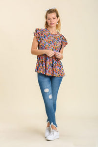 Umgee Floral Print top with Ruffled Short Sleeves in Light Blue Top Umgee   