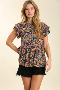 Umgee Floral Print top with Ruffled Short Sleeves in Navy Blue Top Umgee   