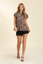 Load image into Gallery viewer, Umgee Floral Print top with Ruffled Short Sleeves in Navy Blue Top Umgee   

