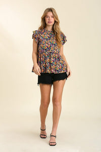 Umgee Floral Print top with Ruffled Short Sleeves in Navy Blue Top Umgee   