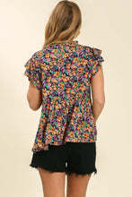 Load image into Gallery viewer, Umgee Floral Print top with Ruffled Short Sleeves in Navy Blue Top Umgee   

