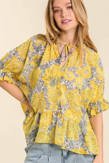 Umgee Print Cut Out Neck Front Tie Neck Top in Honey Mix Top Umgee   