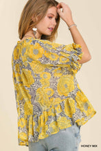 Load image into Gallery viewer, Umgee Print Cut Out Neck Front Tie Neck Top in Honey Mix Top Umgee   
