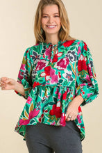 Load image into Gallery viewer, Umgee Floral Print BabyDoll Top in Green Mix Top Umgee   
