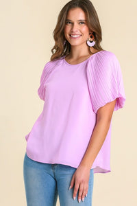Umgee Round Neck Pleated Balloon Sleeve Top in Lavender Top Umgee   