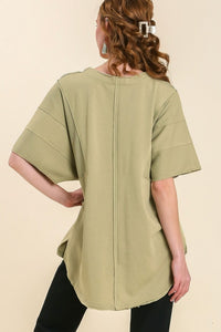Umgee Light Weight French Terry and Waffle Knit Contrast Tunic Dress in Matcha Top Umgee   