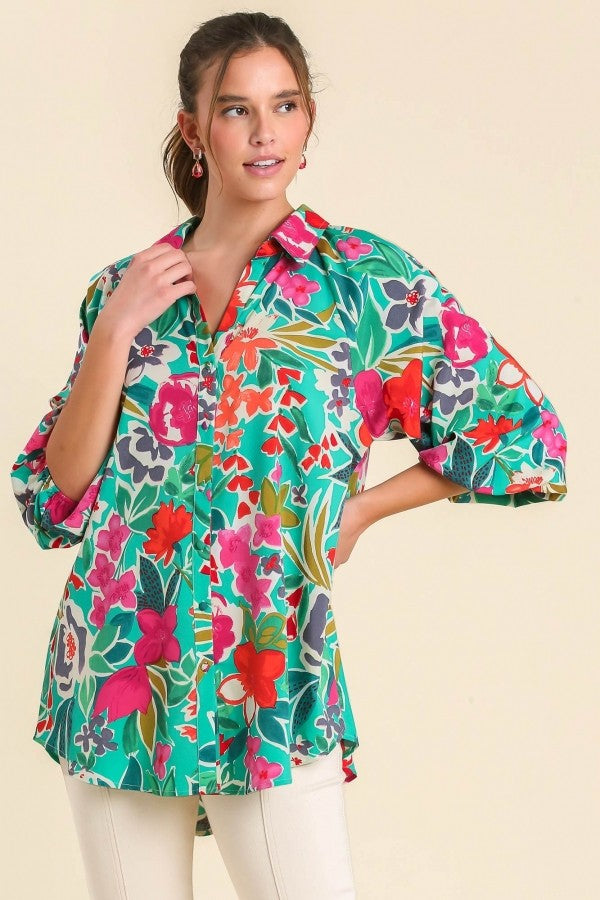 Umgee Mixed Print Collared Button Up Tunic Top in Green Mix – June Adel