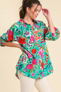 Umgee Mixed Print Collared Button Up Tunic Top in Green Mix Top Umgee   