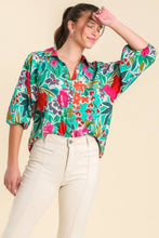 Load image into Gallery viewer, Umgee Mixed Print Collared Button Up Tunic Top in Green Mix Top Umgee   
