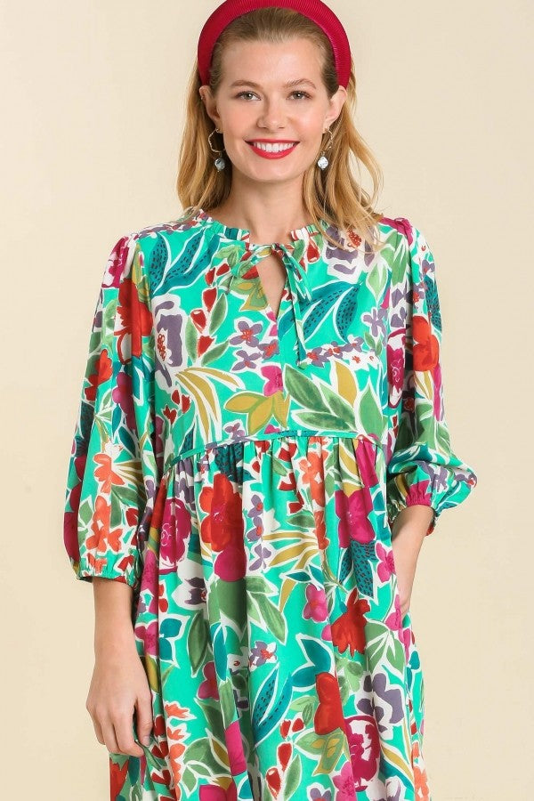 Umgee Floral Peasant Dress in Green Mix – June Adel