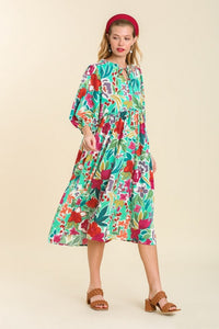 Umgee Floral Peasant Dress in Green Mix ON ORDER Dress Umgee   