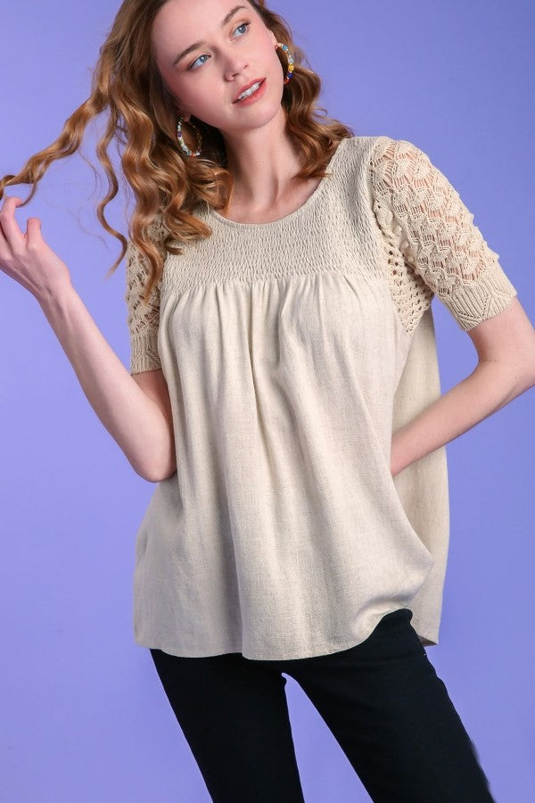 Umgee Linen Top with Smocked Contrast in Oatmeal Top Umgee   