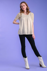 Umgee Linen Top with Smocked Contrast in Oatmeal Top Umgee   