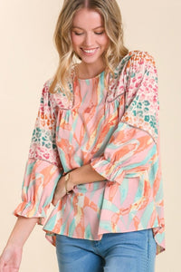 Umgee Mixed Print Top with 3/4 Sleeves and Lace Trim in Light Mauve Mix Top Umgee   