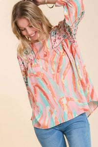 Umgee Mixed Print Top with 3/4 Sleeves and Lace Trim in Light Mauve Mix Top Umgee   