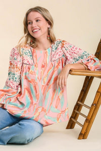 Umgee Mixed Print Top with 3/4 Sleeves and Lace Trim in Light Mauve Mix Top Umgee   