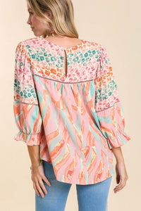 Umgee Mixed Print Top with 3/4 Sleeves and Lace Trim in Light Mauve Mix Top Umgee   