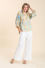 Load image into Gallery viewer, Umgee Mixed Print Top with 3/4 Sleeves and Lace Trim in Sage Mix Top Umgee   
