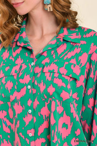 Umgee Satin Animal Print Button Down Shirt in Emerald Mix Top Umgee   