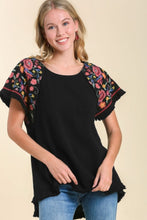 Load image into Gallery viewer, Umgee Embroidery Round Neck Short Sleeve Linen Top in Black ON ORDER Top Umgee   
