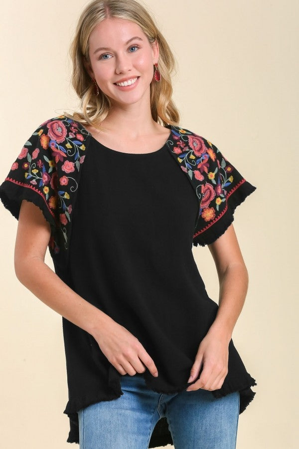 Umgee Embroidery Round Neck Short Sleeve Linen Top in Black Top Umgee   