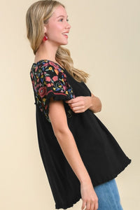 Umgee Embroidery Round Neck Short Sleeve Linen Top in Black Top Umgee   