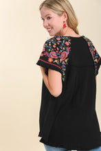 Load image into Gallery viewer, Umgee Embroidery Round Neck Short Sleeve Linen Top in Black ON ORDER Top Umgee   
