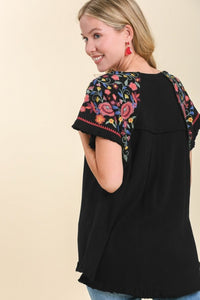Umgee Embroidery Round Neck Short Sleeve Linen Top in Black ON ORDER Top Umgee   