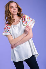 Load image into Gallery viewer, Umgee Embroidery Round Neck Short Sleeve Linen Top in Off White Top Umgee   
