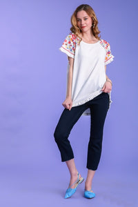 Umgee Embroidery Round Neck Short Sleeve Linen Top in Off White Top Umgee   