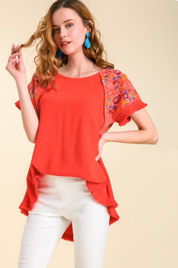 Umgee Embroidery Round Neck Short Sleeve Linen Top in Orange Red Top Umgee   