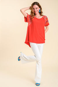 Umgee Embroidery Round Neck Short Sleeve Linen Top in Orange Red Top Umgee   
