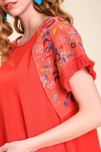 Umgee Embroidery Round Neck Short Sleeve Linen Top in Orange Red Top Umgee   