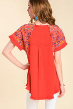 Load image into Gallery viewer, Umgee Embroidery Round Neck Short Sleeve Linen Top in Orange Red Top Umgee   
