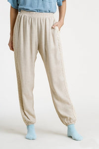 Umgee Linen Blend Jogger Pants with Side Lace Detail in Oatmeal Pants Umgee   