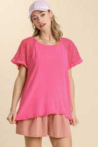 Umgee Hot Pink Top with Crochet Sleeves Top Umgee   