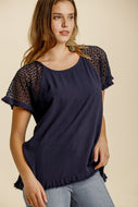 Umgee Navy Top with Crochet Sleeves FINAL SALE Top Umgee   