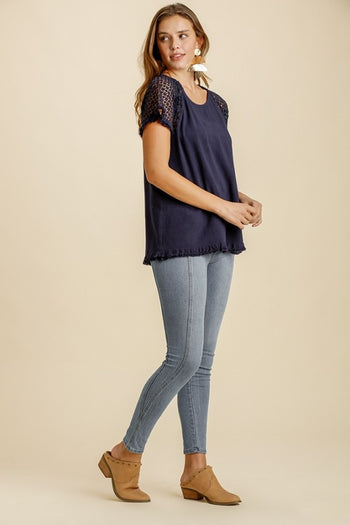 Umgee Navy Top with Crochet Sleeves FINAL SALE Top Umgee   