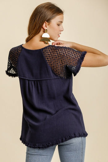 Umgee Navy Top with Crochet Sleeves FINAL SALE Top Umgee   