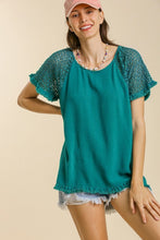 Load image into Gallery viewer, Umgee Teal Top with Crochet Sleeves Top Umgee   
